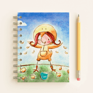 Libreta Niña Pollita A5 con ilustración naif en acuarela de niña disfrazada de pollita