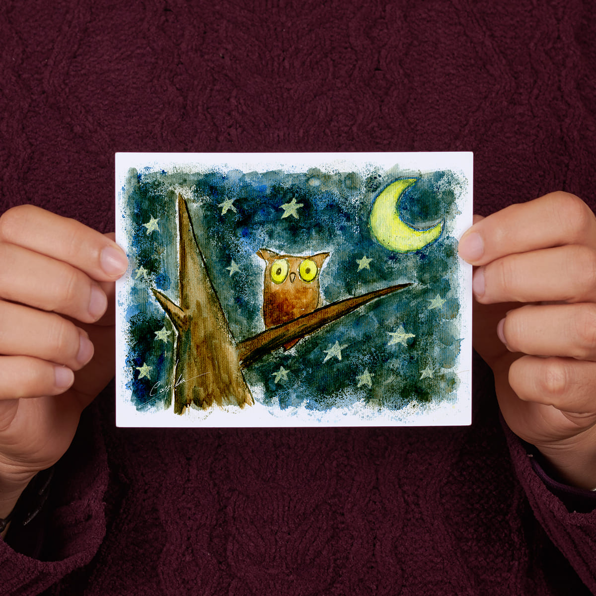 ilustración naif búho en postal A5 estilo nocturno decorativo